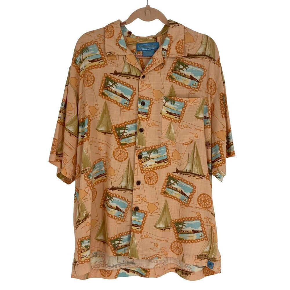 Bermuda Bay Men's 100% Silk Button Front Shirt Large Peach Size Large‎